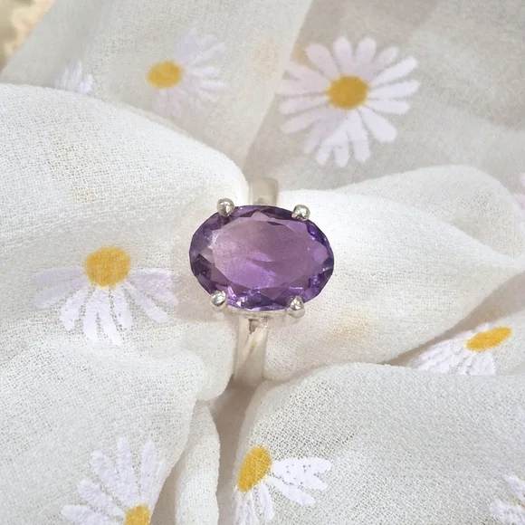 925 Natural Silver Ring with Amethyst Gemstone Handmade Ring - Picture 1 of 7